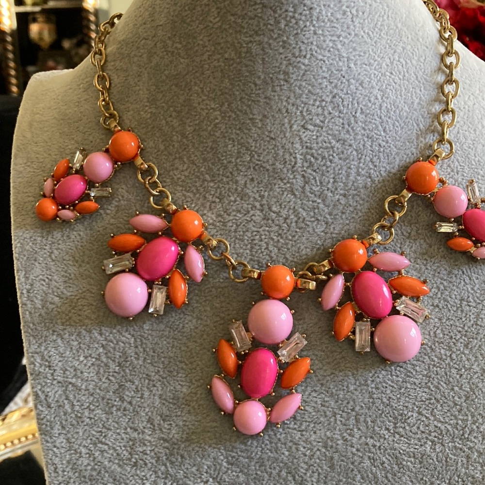 Gold Chain Statement Necklace with Pink and Orange Resin Stones